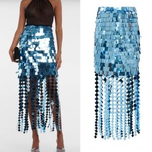 Jonathan Simkhai Lucee Size 6 Caicos Blue Square Sequin Fringed Midi Skirt NWT